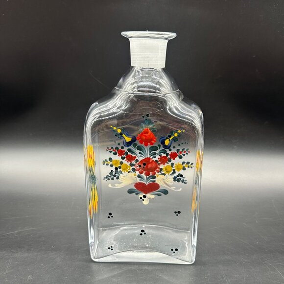 Vintage Glass Decanter Bottle Enamel Painted Floral Birds Red Yellow Blue READ - Picture 3 of 12